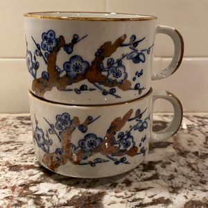 pair of vintage cherry blossom stoneware mugs